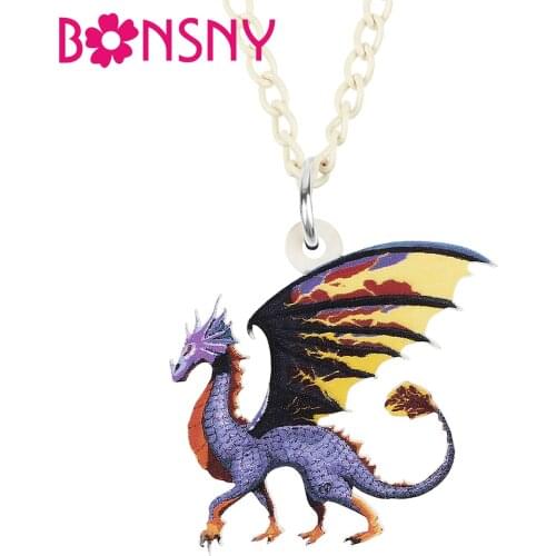 BONSNY Acrylic Cute Purple Wing Dragon Dinosaur Stretching ings Necklace Pendant Novelty Charms Gifts Jewelry For Women Girls
