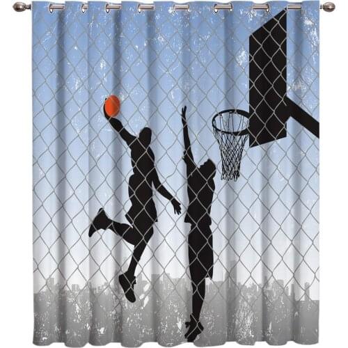 Basketball Shooting Silhouette Abstract Net Sports Game Figure Jumping Drapes Fabric Indoor Kids Curtain Panels With