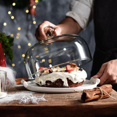 White Ceramic Bread Cake Tray Round Wobble Plate Nordic Light Luxury Ins Wind Glass Cover Binaural Ceramic Cake Pan