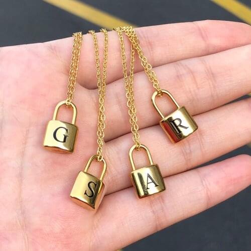 A-Z Initial Letter Padlock Necklaces For Women Stainless Steel Gold Alphabet Chain Tiny Lock Necklace Valentine Jewelry Gift