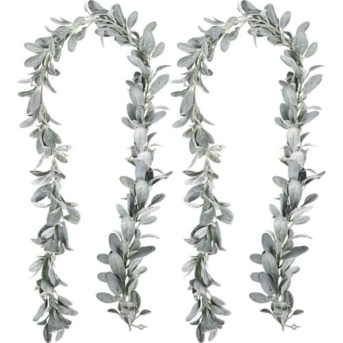 2 Pcs Artificial Flocked Lambs Ear Garland - 6Ft/Piece Soft Faux Vine Greenery and Leaves for Framhouse Mantle Decor
