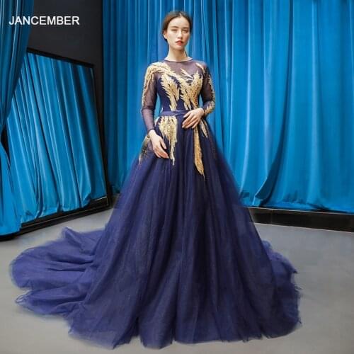 J66801 jancember navy blue women evening elegant A-line floor length long sleeve o-neck party evening gown formal dress for 2019