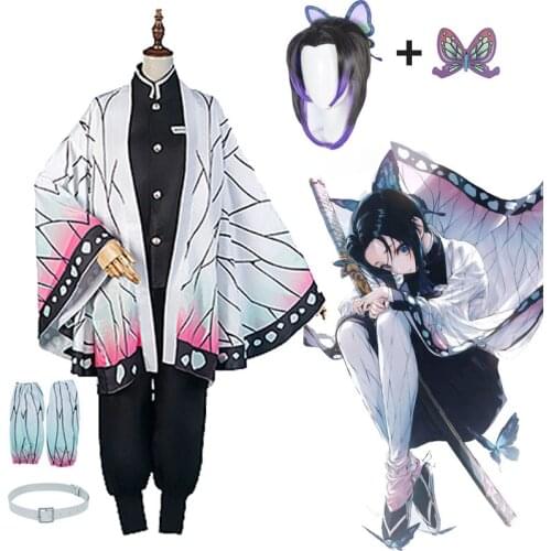 Anime Demon Slayer Kimetsu No Yaiba Kochou Shinobu Cosplay Costume Women Kimono Coat Wig Set Halloween Christmas Party Costume