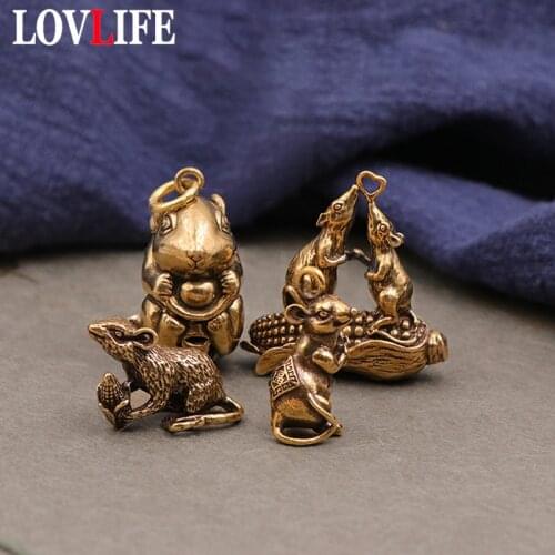 Brass Zodiac Animal Mouse Figurines Car Key Chain Pendants Jewelry DIY Keyring Hanging Accessories Cute Rat Keychain Child Gifts