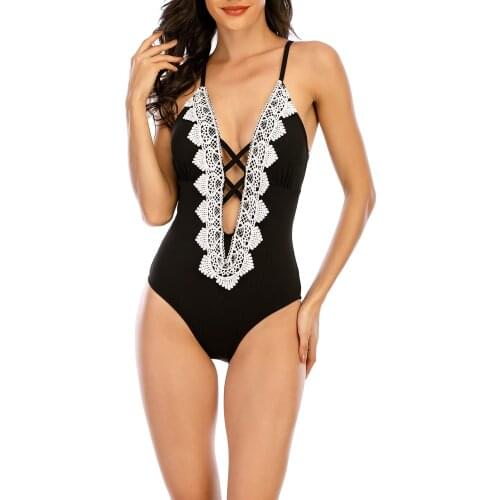 New Arrival Women Sexy Deep V Neck Hollow Lace-Up Monokini Embroidered Patchwork Swimsuit Halter Beach Swimsuit