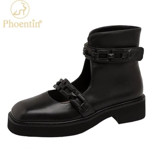 Phoentin 2021 Autumn New Black Hollow Cool Boots Fashion Casual High Top Thick Soled Womens Genuine leather Martin Boot FT1645