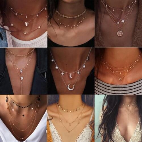 Boho Multi-level Crystal Geometry Star Moon Lock Necklace For Women Vintage Pendants Necklaces Chokers Jewelry Gift