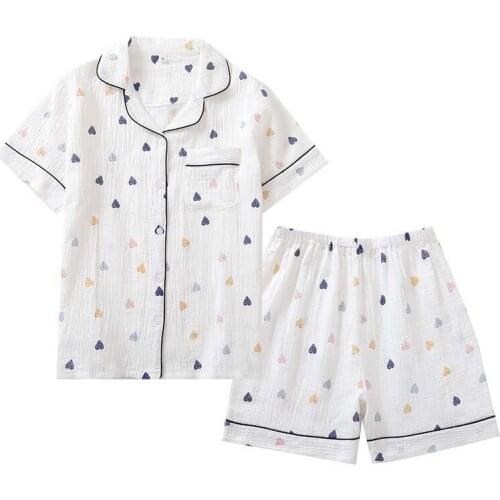 Summer New Ladies Fresh Style Short Sleeve+Shorts 2Pcs Pajamas Set Cute Cartoon Printed Women Gauze Cotton Homewear Casual Wear