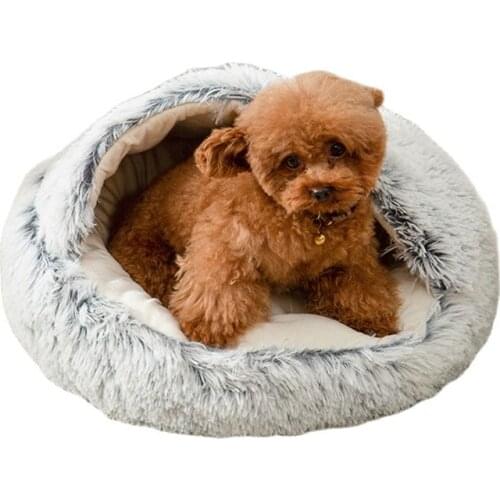 Semi-Enclosed Winter Cat Bed Round Plush Warm Soft Pet Couch Long Plush Mat For Small Dogs Puppy Sleeping Bag Washable Cats Nest