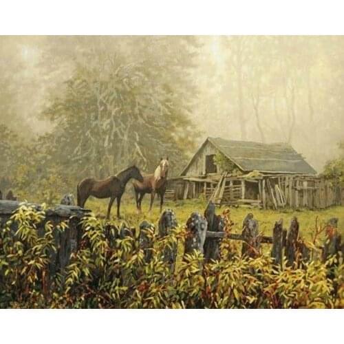 Hand-painted oil Painting Early morning Farm animal Horse