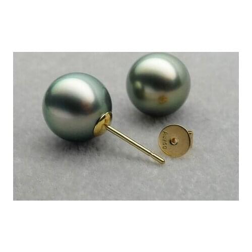 10.9mm AAA Black Green Genuine Tahitian Pearl Butterfly Earrings 18k Yellow Gold