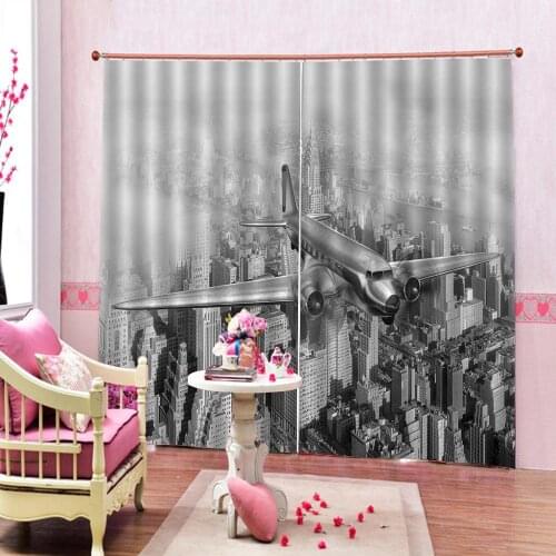 Custom Modern Black White City Airplane High Rise Buildings Curtains Digital Print For Living room bedroom Balckout Drapes Decor