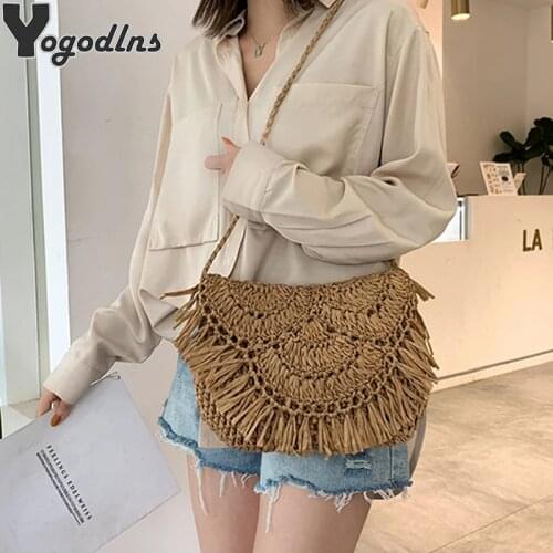 Summer Beach Vacation Women Tassels Messenger Bag Straw Rattan Weave Shoulder Crossbody Bags Ladies Fashion Handbag Purse