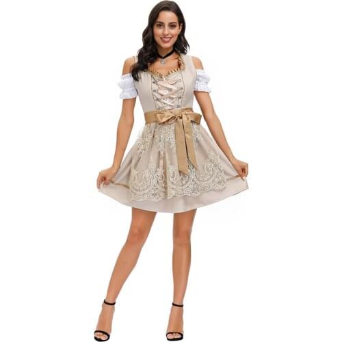 Traditional German National Beer Festival Costume, New Munich Khaki Lace Embroidered Maid Dress