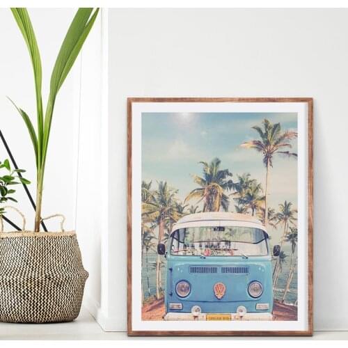 Vintage Camping Car Poster Print Pink Blue Bus Wall Art Photography Palm Trees Leaves Coastal Wall Picture Canvas Painting Decor