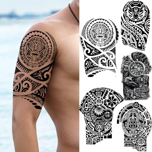 Black Tribal God Tiki Totem Temporary Tattoos For Men Women India Compass Flower Fake Tattoo Half Sleeve Tatoos Sticker Maori