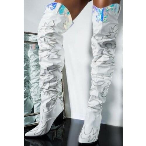 Moraima Snc Autumn Thick Heels Long Boots Woman Pointed Toe Embrlidery Leather Thigh High Boots Sexy Shoes