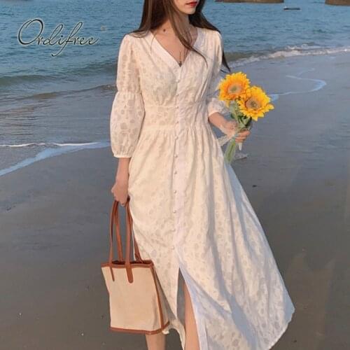 Ordifree 2021 Summer Women Long Cardigan Dress Vintage Print Single Breasted White Maxi Tunic Beach Dress Vocation