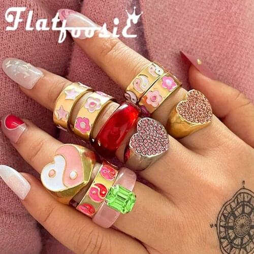 Flatfoosie 2021 New Enamel Flowers Smiley Face Rings For Women Gold Color Yin Yang Heart Star Chunky Rings Korean Trendy Jewelry