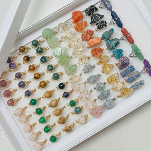 Boho Natural Stone Rings for Women Colorful Stone Sun Stone Amethyst Aquamarine Pink Crystal Healing Resizable Ring Wedding Ring