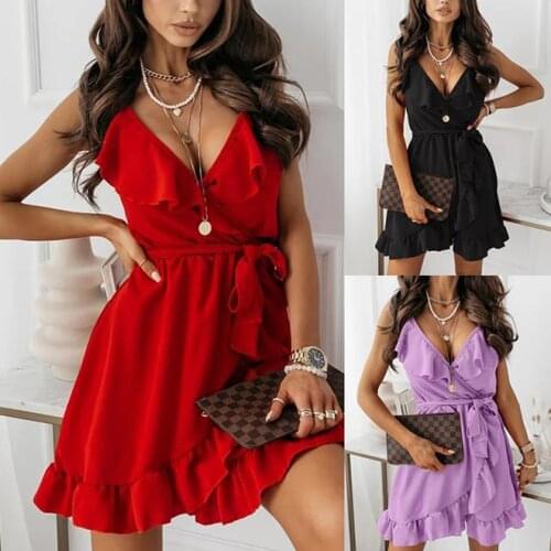 Sexy Spaghetti Summer Women Mini Dress Solid Deep V-Neck Off Shoulder Backless Ruffle Fashion Sling Dresses платья для женщин