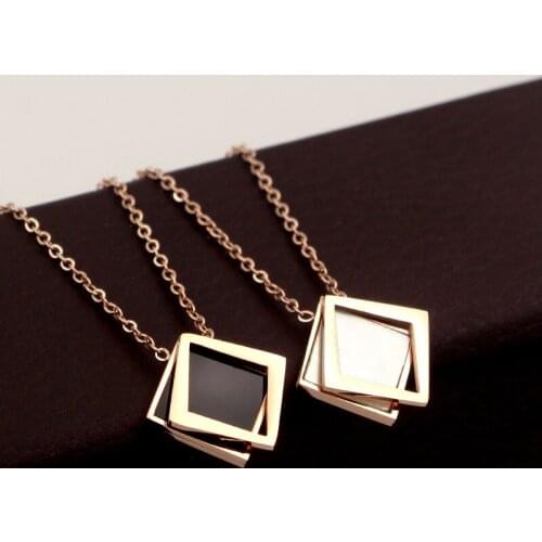 Fashion Stainless Steel Love Black White Shell Double Square Pendant Necklace Rose Gold Color Women Girl Party Gift