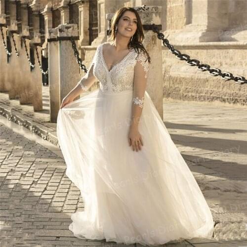 Modest Plus Size Wedding Dresses 2021 Vestido De Novia Half Sleeves V Neck Appliques Bridal Gowns Formal Bohemian Bride Dress