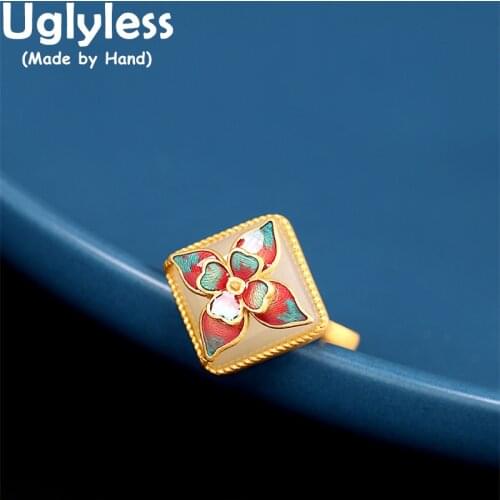 Uglyless Vintage Enamel Colorful Flowers Rings for Women Natural Gemstones Jade Rings 925 Sterling Silver Square Rhombus Jewelry