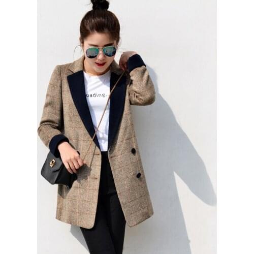 Winter Woolen Coats For Women Fashion Plaid Double Breasted Overcoat Turn-down Collar Slim Outerwear Female Trench Coat YQ234