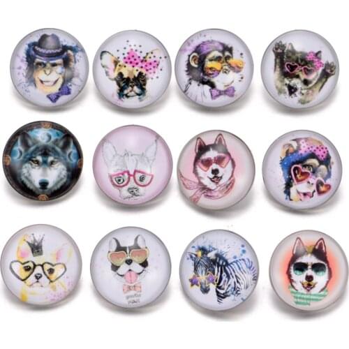 12pcs/lot Lovely Animal Pattern Charms 18mm Glass Snap Button For DIY Bracelet Snaps Jewelry KZ0225