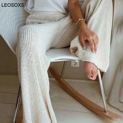2021 Summer New Womens Knitted Casual Pants High Waist Wide Leg Pants Home Loose All-match Pants