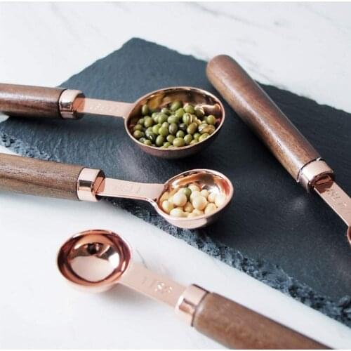 4 Piece Measuring Spoon Set Walnut Handle Measurements Premium Stainless Steel Mirror Polished Cup For Measuring Baking