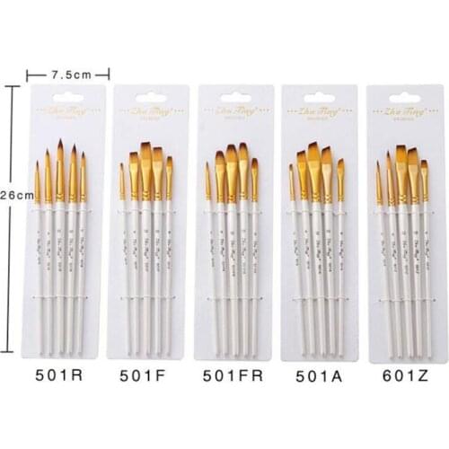 5pcs/set Pointed Flat Tip Watercolor Brush Pen Nylon bristles Wooden Handle Watercolor Gouache Acrylic Oil Painting Art Aupplies