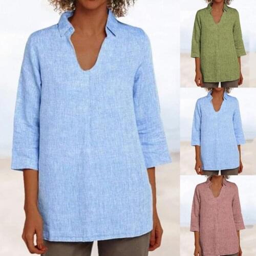 3/4 Sleeve Casual Blouse Turn-down Collar Quick Drying V Neck Solid Color Women Blouse Ladies Clothing Casual Loose Ladies Shirt