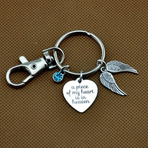 Birthstone KeyChain, Angel Wing KeyChain, Memorial Key Chain, A piece of my heart is in Heaven Sympathy Gift Loss of Loved One