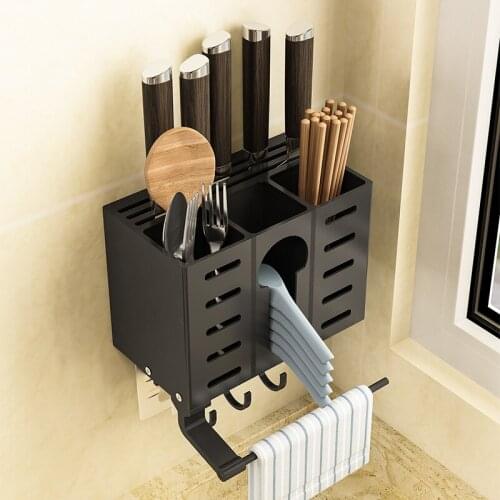 Aluminum Alloy Black Wall Kitchen Storage Rack for Knives Holder Cutlery Utensils Spoons Forks Organizer Container Hanging Rod