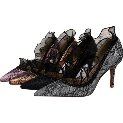 European American wind sexy banquet show thin heel high heel shallow mouth side hollow diamond lace womens single shoes 8862-2