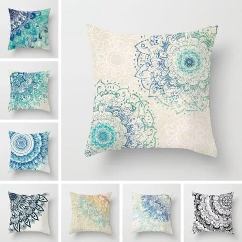 Fuwatacchi Geometric Pattern Pillow Cases Mandala Flower Pillows Cover for Home Sofa Chair Square Blue Cushion Covers Decoration