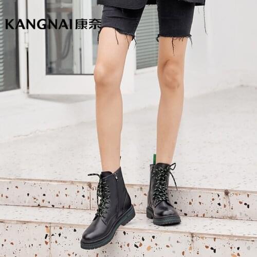 KANGNAI Women Boots Platform Genuine Leather Lace-Up Ankle Boots Martins Winter Warm Shoes Female