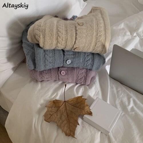 Cardigan Women Kawaii Knitted Outerwear Loose Chic Fashion Female Single Breasted Pure Simple Basic All-match Leisure Knitwear