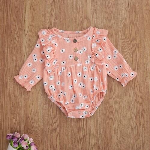 Emmababy Newborn Baby Girl Clothes Round Neck Long Sleeve Daisy Flower Print Romper Overall Jumpsuits Clothes Cotton Linen Set