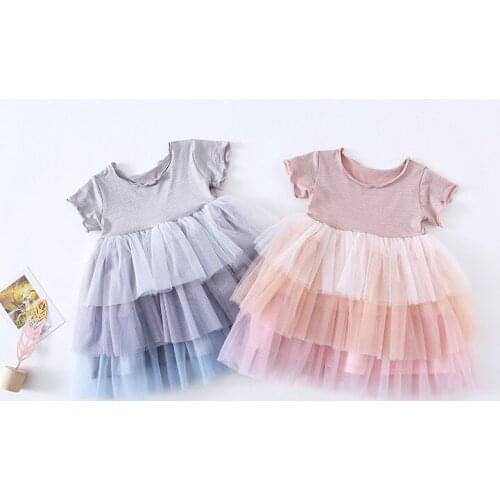 Summer Princess Costume Dress Fashion Short Sleeves Rainbow Mesh Patchwork Tutu Layered Dress for Girl Toddler Baby Kids Clothes