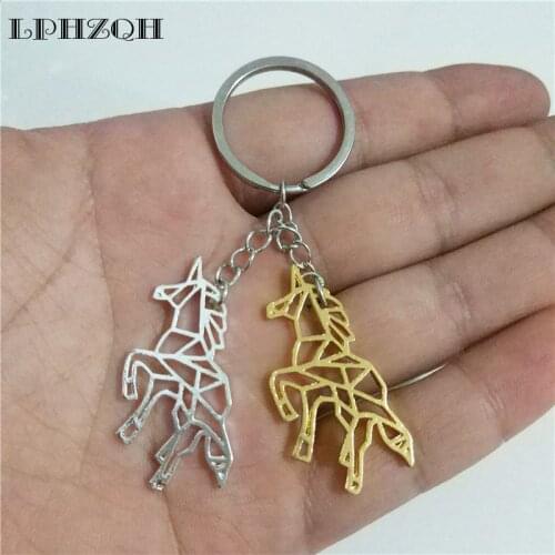 LPHZQH Fashion Origami Cute Cartoon Unicorn Key Chains Women Bag Pendant Accessory Car Key Ring Jewelry Gold Color Color