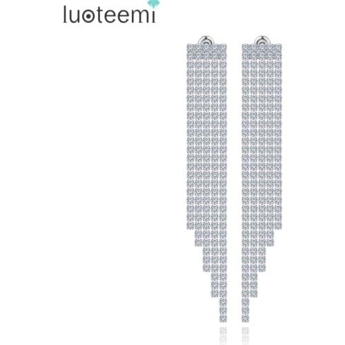 LUOTEEMI New Luxurious Long Tassel Drop Earrings CZ Crystal Bridal Wedding Jewelry boucle d'oreille Dangle Brincos for Women