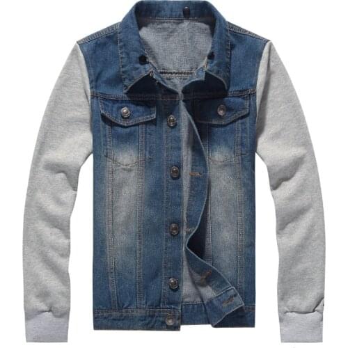 Hoodie Men Denim Coat 2020 Spring New Detachable Hat Fashion Patchwork Knitting Sleeve Casual Jeans Blue Jacket