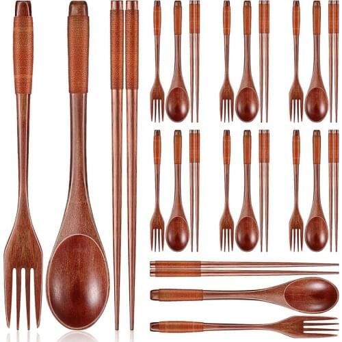 24 Pieces Wooden Spoons Forks Chopsticks Set Wooden Flatware Tableware Cutlery Reusable Handmade Travel Flatware Set