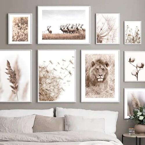 Lion Deer Flower Reed Dandelion Cotton Beige Wall Art Canvas Painting Nordic Posters And Prints Decor Pictures For Living Room