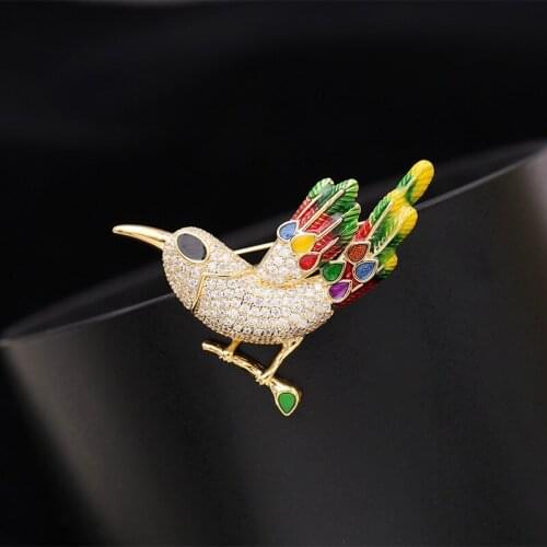 SWOUR New Fashion Jewelry Cubic Zircon CZ Lovely Bird Design Enamel Feather Apparel Brooch Pin Collar For Women S467