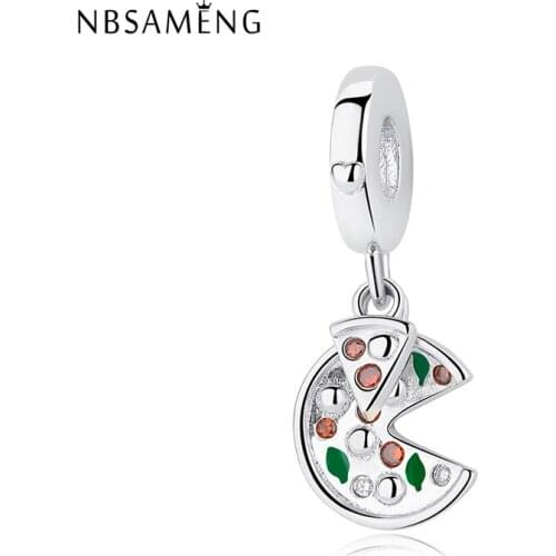 New Original 100% 925 Sterling Silver Beads Passion for Pizza Dangle Charm Pave CZ Enamel Fit Bracelet Women Diy Jewelry