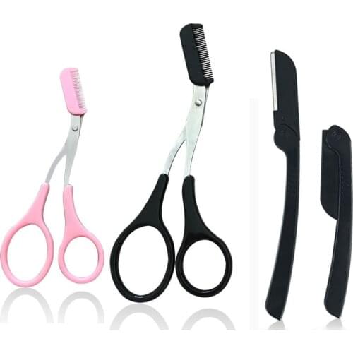 Eyelash Hair Scissors Eyebrow Trimmer Eyelash Hair Clips Scissors Comb Lady Woman Men Shaping Shaver Pink Black